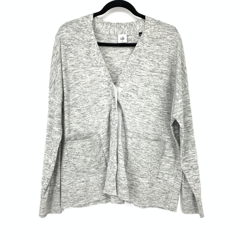 Cabi Women's Size M Marble Gray Cardigan Sweater V-Neck Front Pockets Snap Front